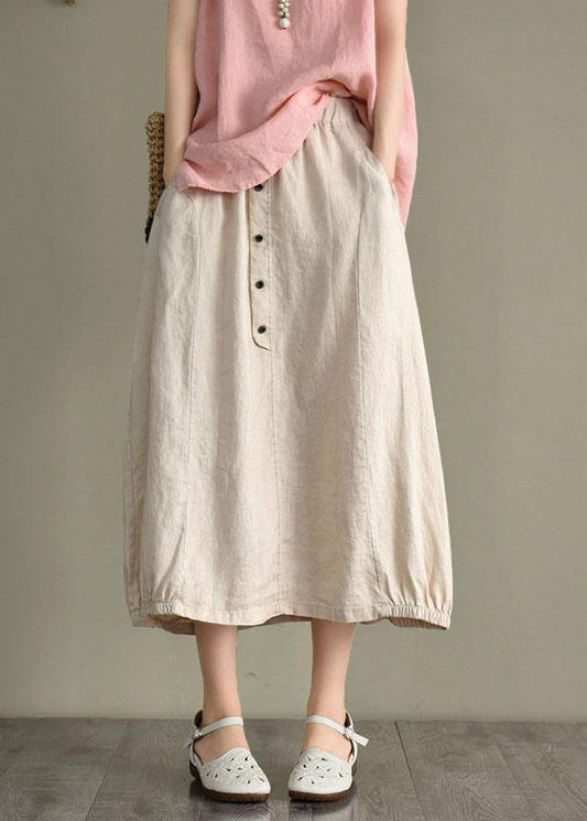 Beige Button a Line Summer Loose Skirts Linen