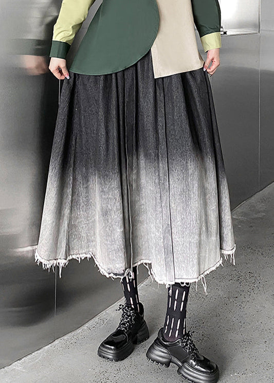 Gradient Color Wrinkled Elastic Waist Patchwork Denim Skirts Fall