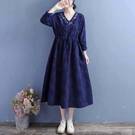 Autumn Cotton Linen Embroidery Retro Dress