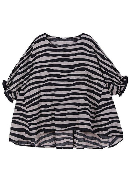Black Loose O-neck Ruffled Fall Striped Shirt Top Half Sleeve