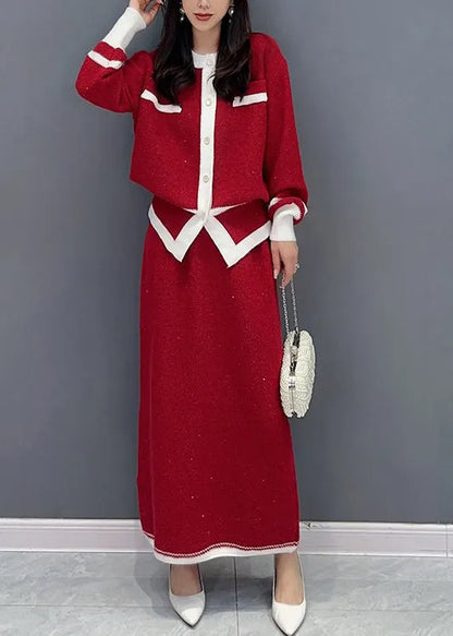 Autumn New Versatile Red Small Fragrant Coat and Skirts Two Piece Set