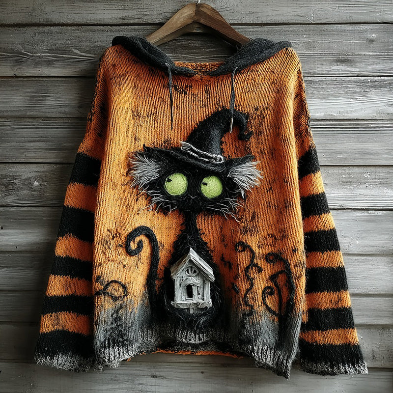 Halloween Black Cat And Castle Embroidered Knitted Warm Hooded Sweater elevenforest