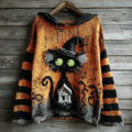 Comstylish Halloween Black Cat And Castle Embroidered Knitted Warm Hooded Sweater