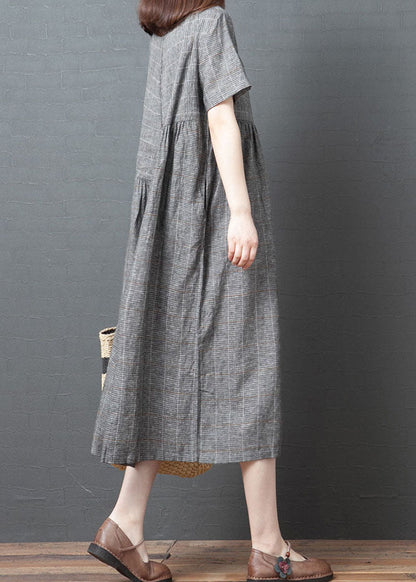 Grey Plaid Vacation Dress O-neck Cinched Short Sleeve