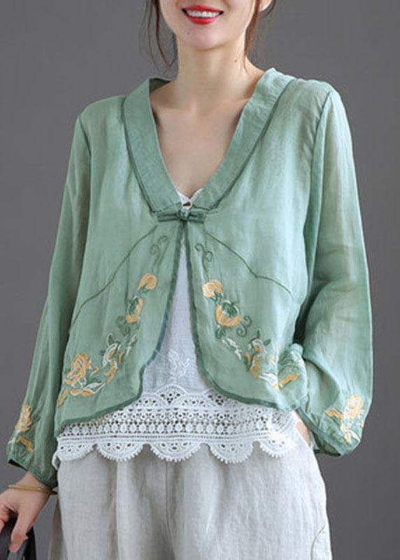 Green V Neck Embroidered Summer Ramie Cardigan Long Sleeve