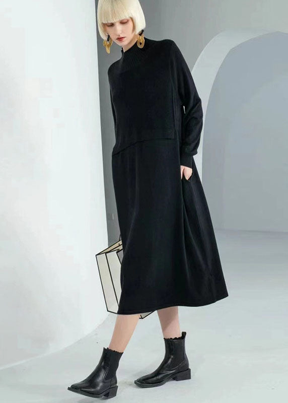Coffee Turtle Neck Patchwork Wool Knit Sweater Dress Long Sleeve