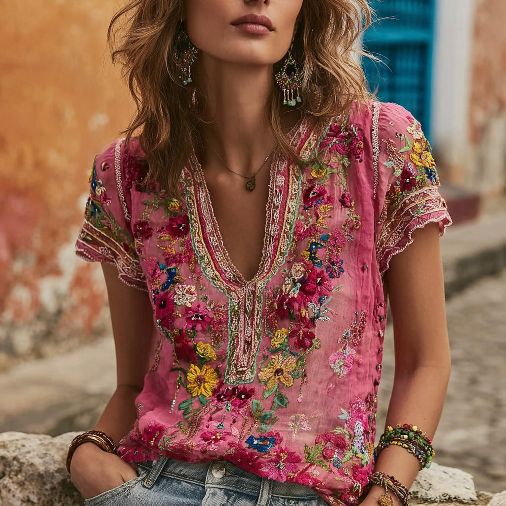 Women's Bohemian Floral Embroidered V-neck Linen T-shirt elevenforest