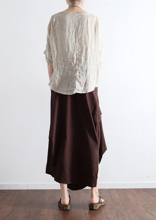 White Flowers and Birds Oversized Linen Skirts Asymmetrical Design Elastic Waist Long Skirt