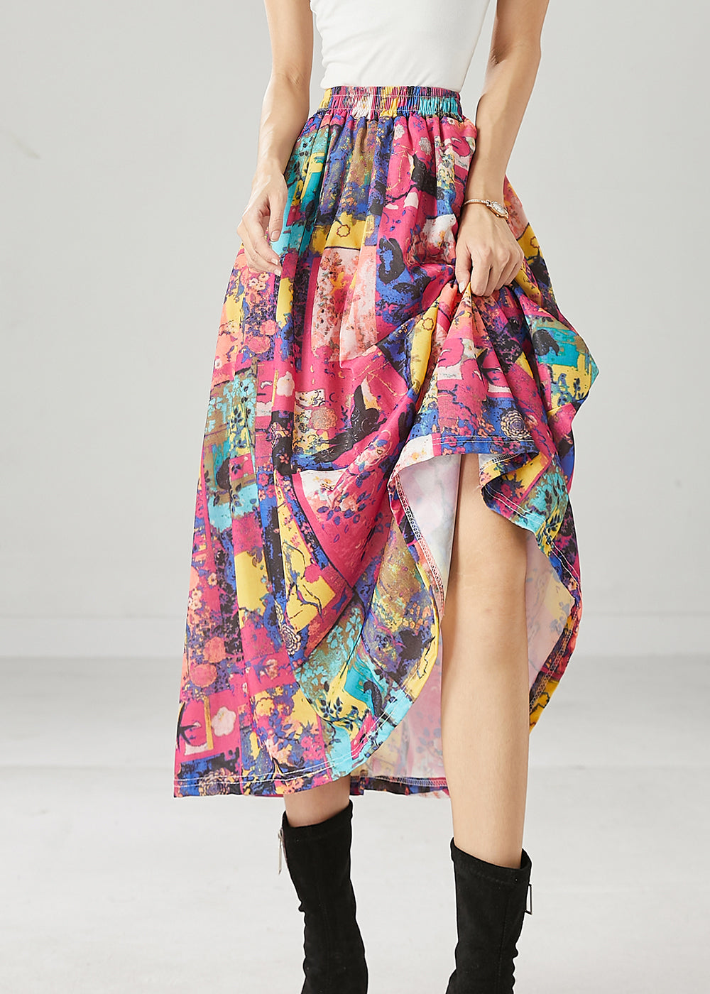 French Red Elastic Waist Print Cotton a Line Skirts Spring