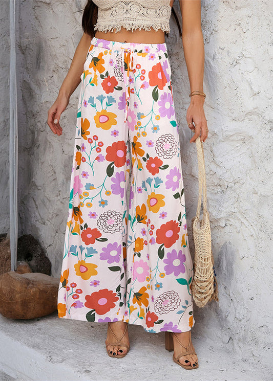 Rainbow Print Tie Waist Vacation Trousers Dresses