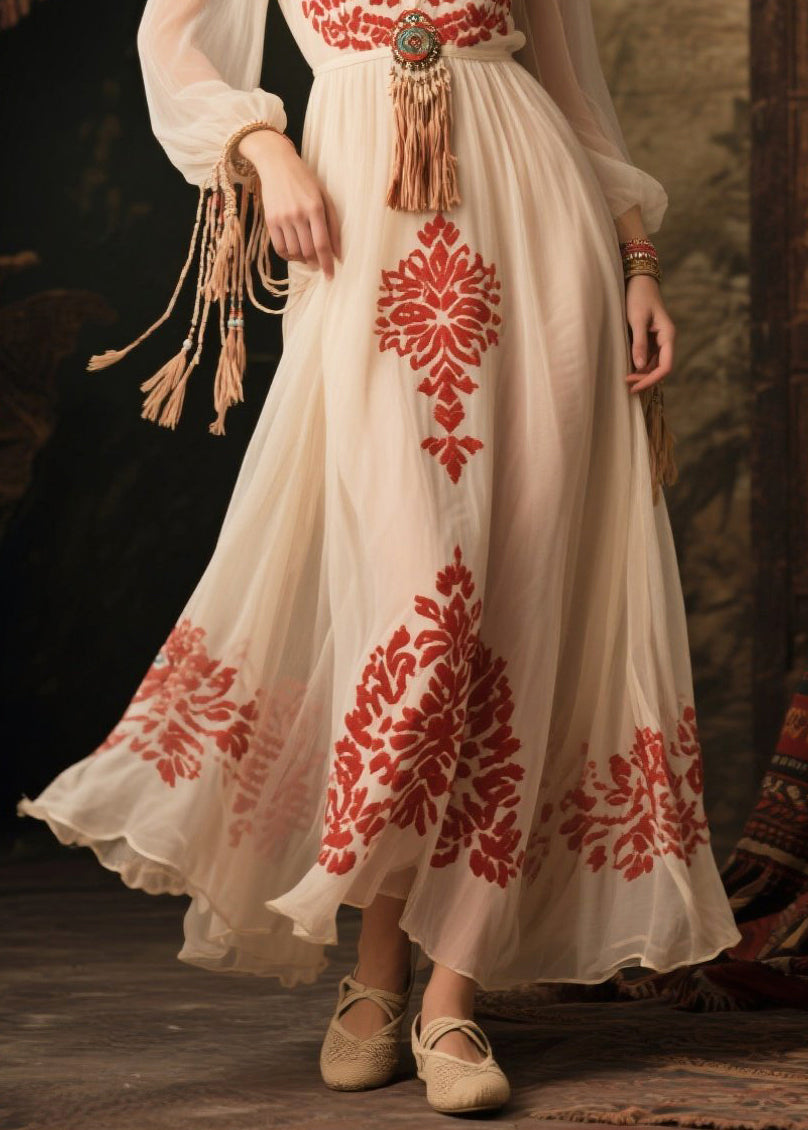 White Tasseled Print Chiffon Long Dress Fall
