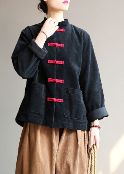 Black Stand Collar Oriental Button Corduroy Coat Spring