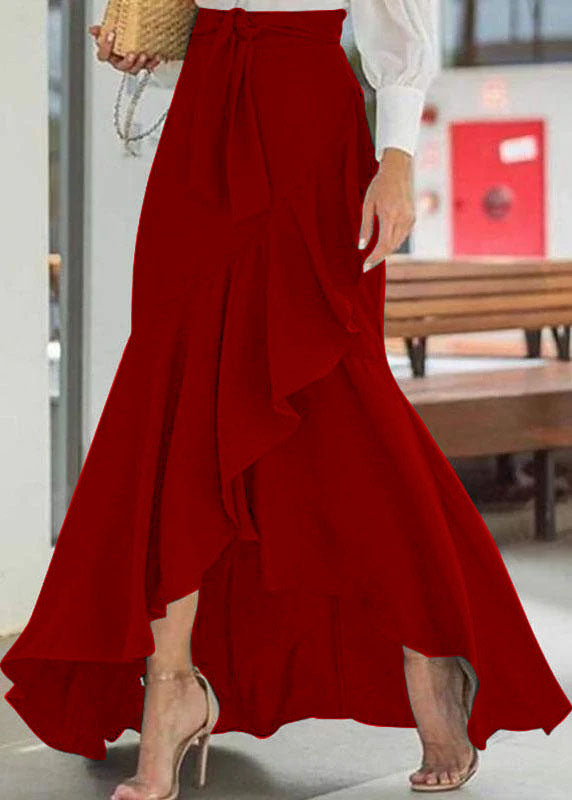 Color High Waist Ruffle High Low Hem Swing Maxi Skirts for