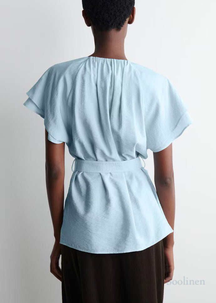 Blue Tie Waist Cotton Top Cloak Sleeves