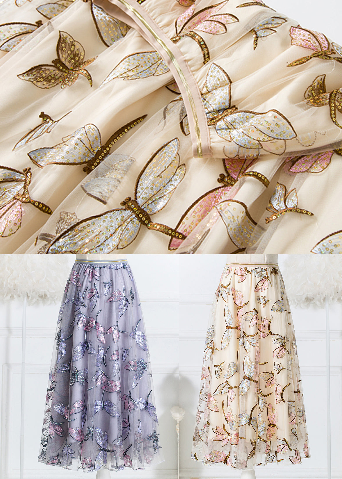 Grey Embroidered Butterfly Wrinkled Tulle Skirts Spring