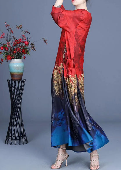 French Red Print Asymmetrical Design Summer Vacation Dresses
