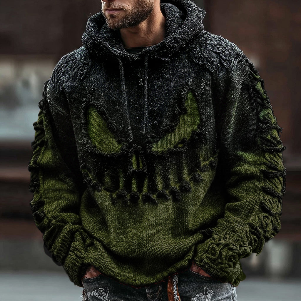 Men's Halloween Spooky Face Gradient Inspired Knitted Distressed Hooded Sweater elevenforest