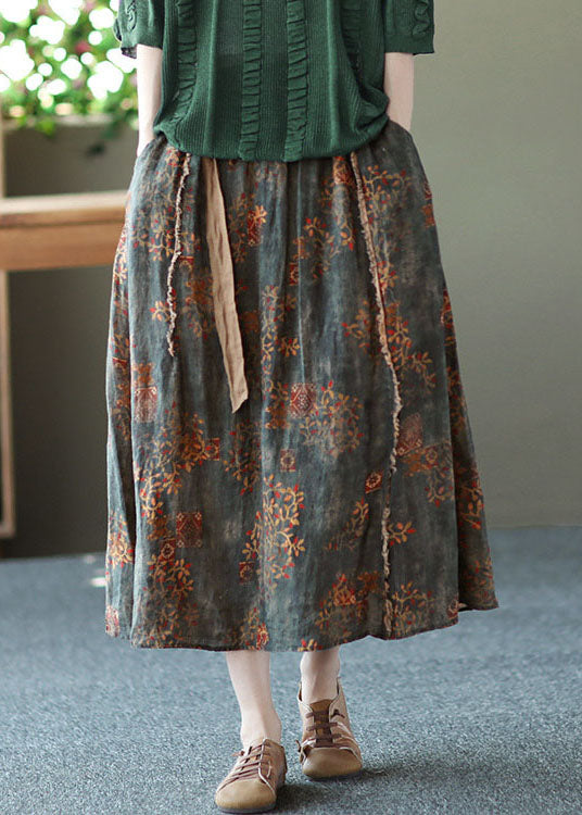 Blackish Green Wrinkled Pockets Patchwork Linen Skirts Summer
