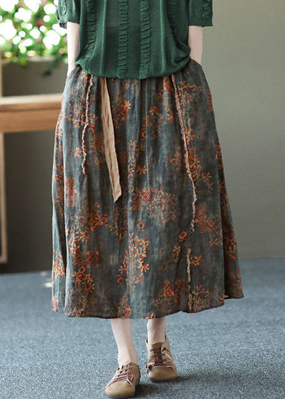 Blackish Green Wrinkled Pockets Patchwork Linen Skirts Summer