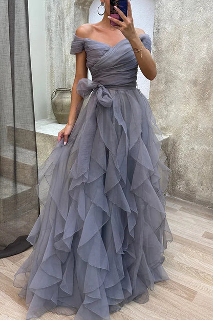 First Impression Tulle Off Shoulder Tiered Ruffle Evening Maxi Dress Yellow