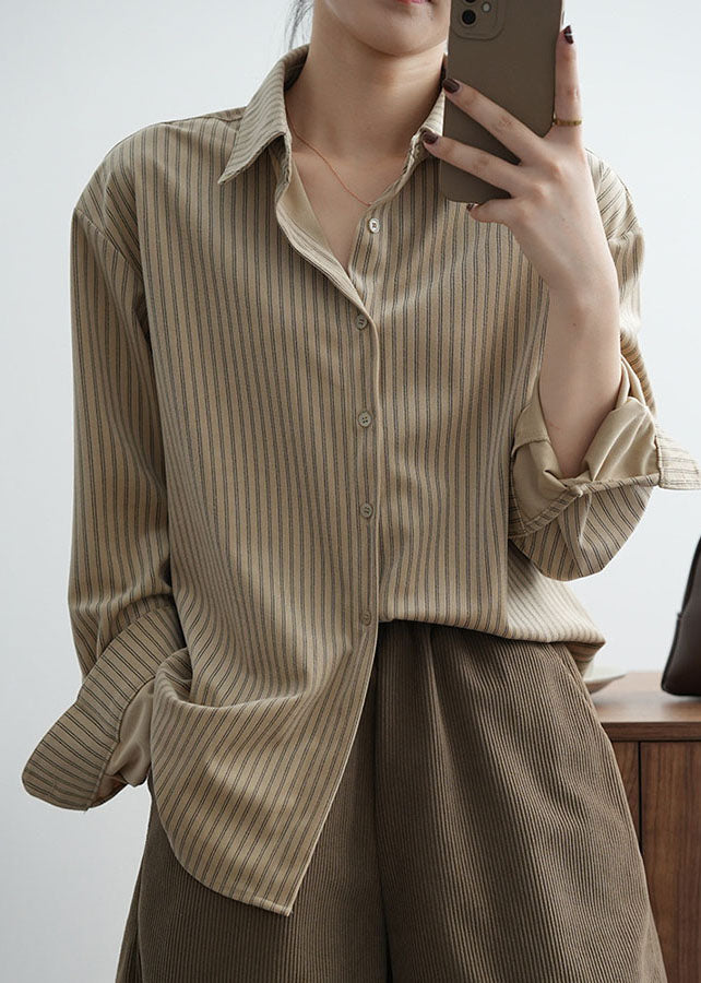 Mocha Peter Pan Collar Striped Low High Design Button Shirts Long Sleeve
