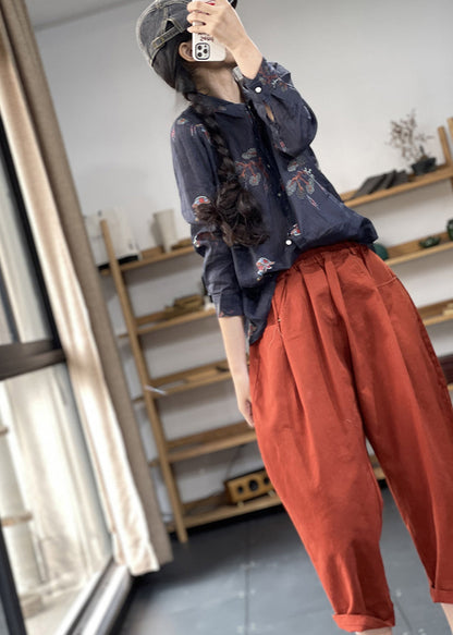 Navy Oversized Print Linen Shirts Spring