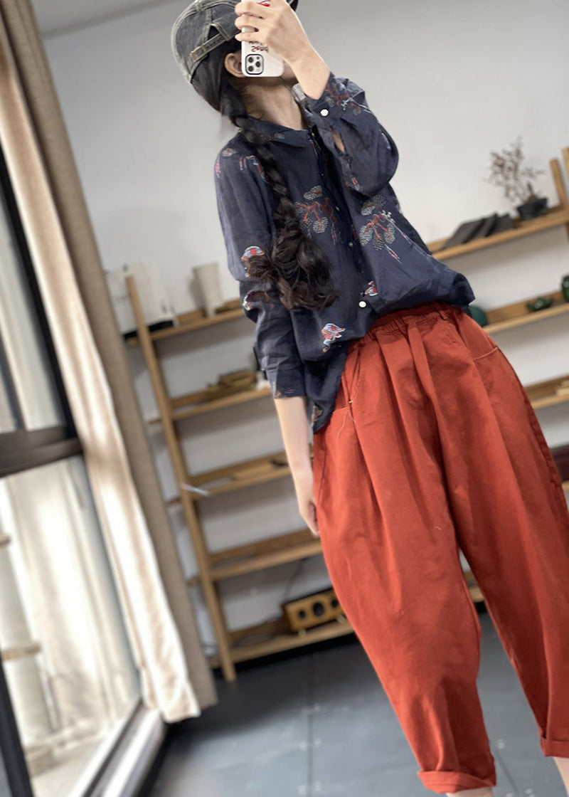 Navy Oversized Print Linen Shirts Spring
