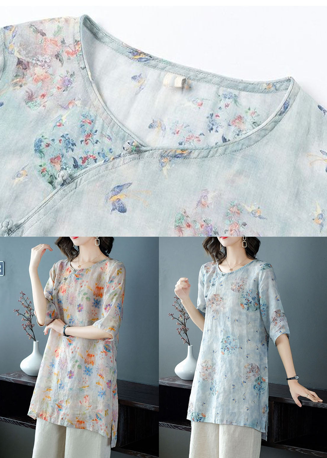 Pink Patchwork Tops and Pants Linen Two Pieces Set Button Summer