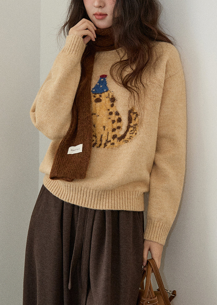 Khaki O Neck Animal Knit Sweater Winter