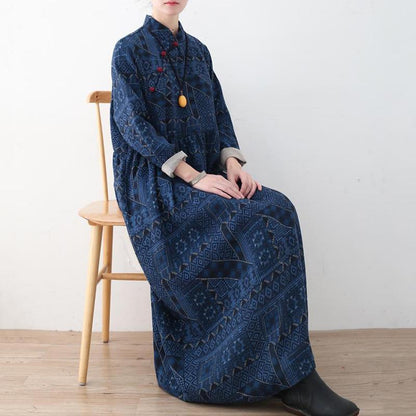 Blue Loose Button Linen Print Dress
