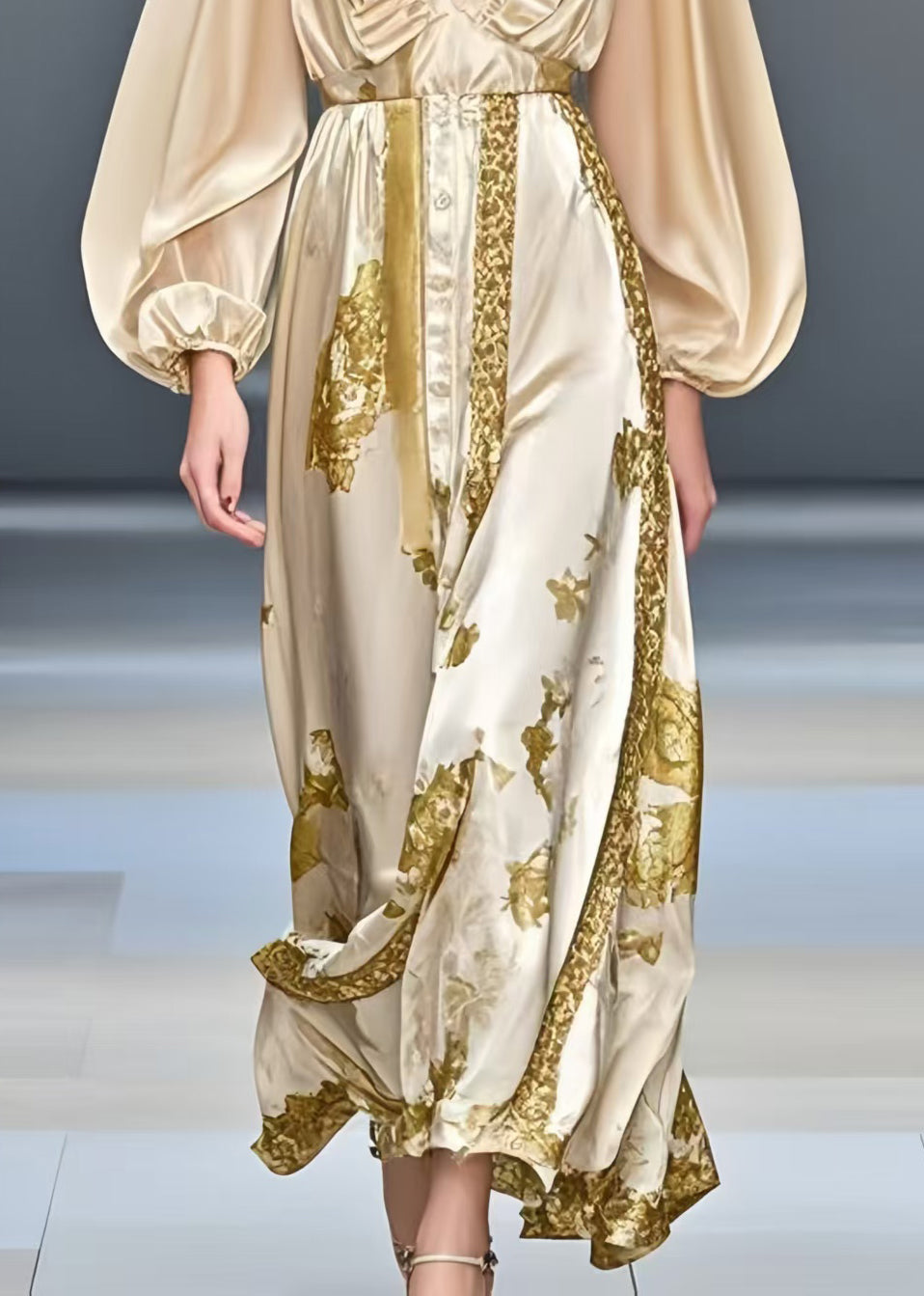 Champagne Ruffled Print Silk Dress Summer