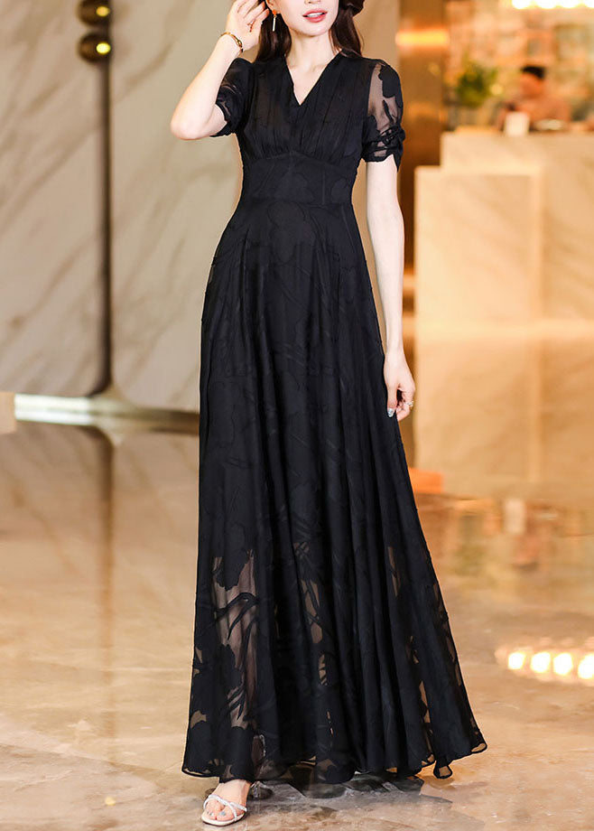 Black V Neck High Waist Tulle Patchwork Chiffon Long Dress Summer