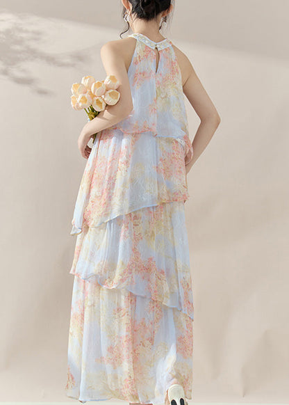 Fine Blue Halter Print Chiffon Long Dresses Summer