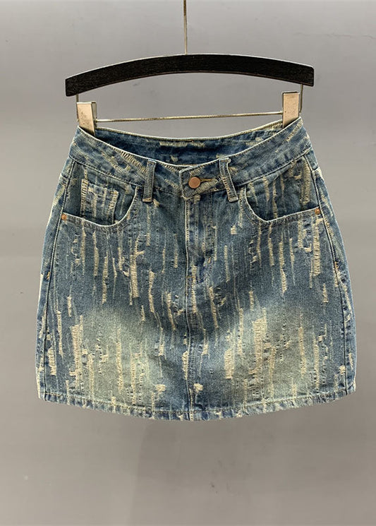 Denim Blue Pockets Patchwork High Waist Cotton a Line Skirt