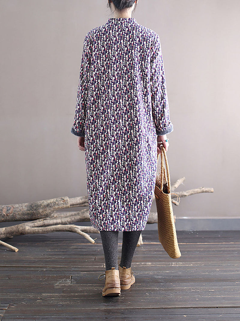 Winter Chinese Print Frog Thick Long Dress