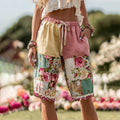 Women's Bohemian Patchwork Rose Contrast Belt Pocket Shorts elevenforest