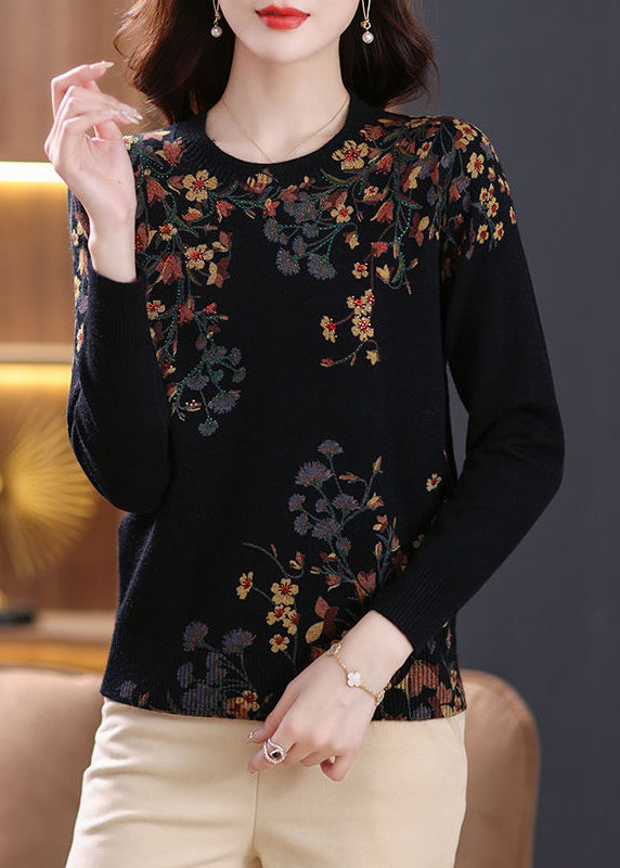 Black O Neck Zircon Print Wool Knit Top Spring