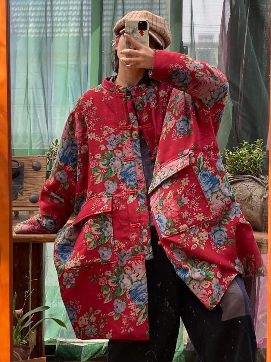 Oversize Pockets Print Cotton Coat
