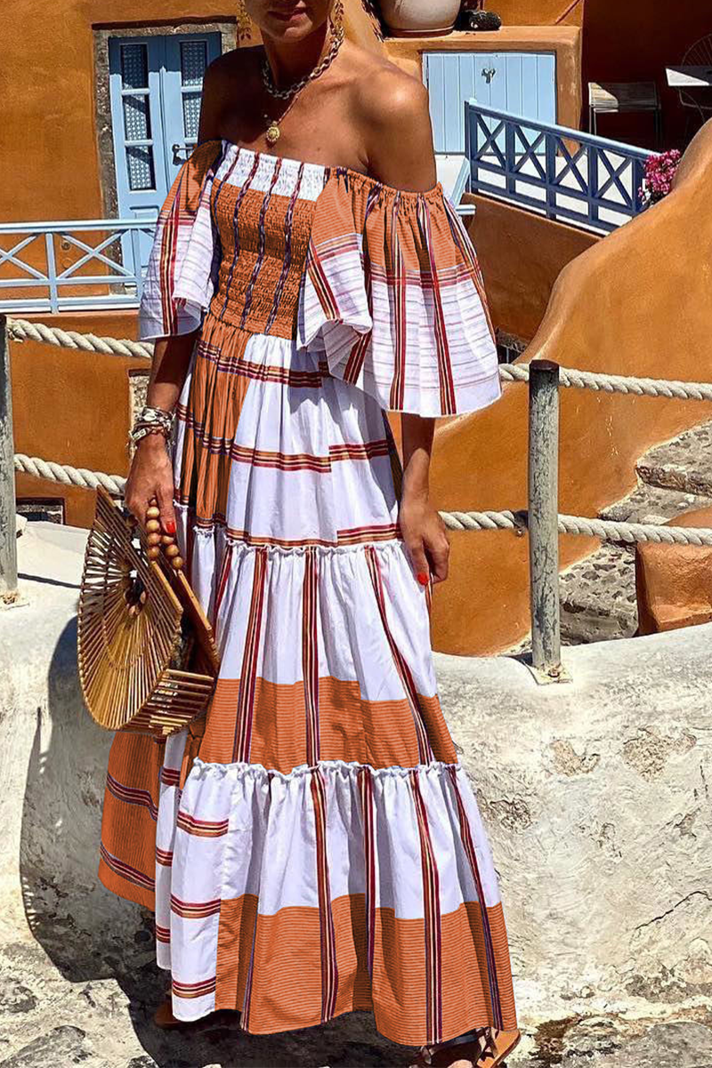 Print Patchwork Off the Shoulder Cake Dresses(3 Colors)
