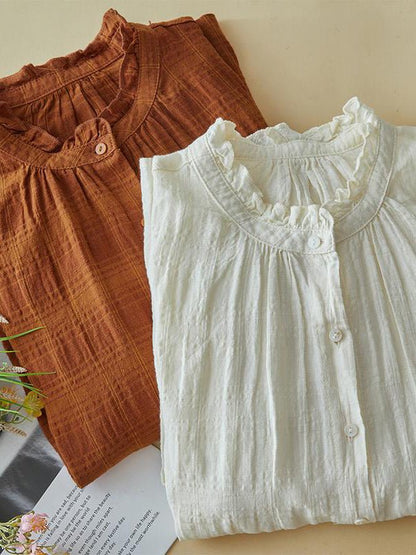 100% Linen Stand Collar Loose Shirt in One-size