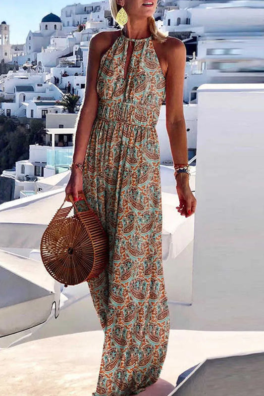Print Patchwork Halter Pleated Dresses(4 Colors)