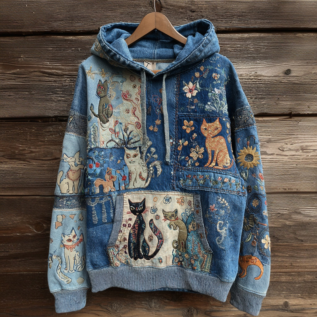 Women's Denim Patchwork Cute Cat Bohemian Floral Print Hoodie elevenforest