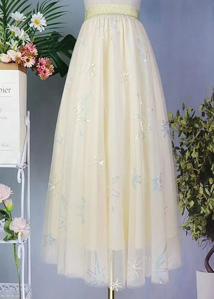 Pink Sequins Embroidered Elastic Waist Tulle Skirt Spring