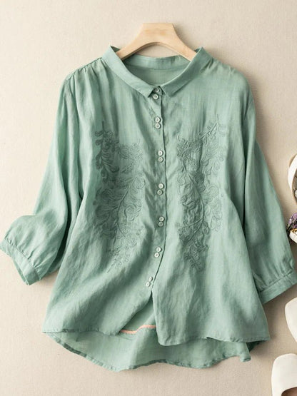 Embroidered 3/4 Sleeve Linen Shirt Top