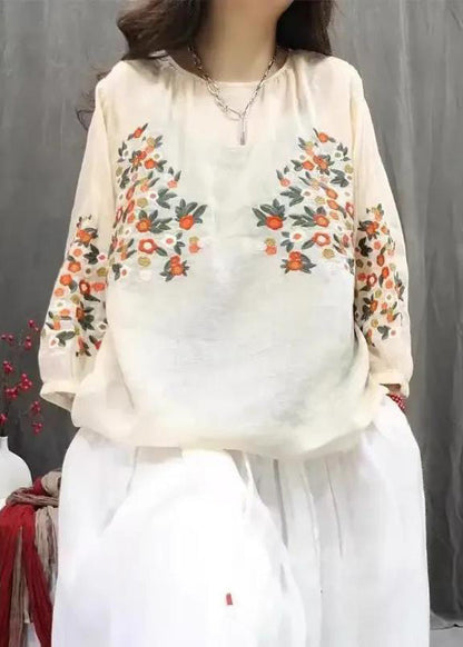Blue O-neck Embroidered Tops Fall