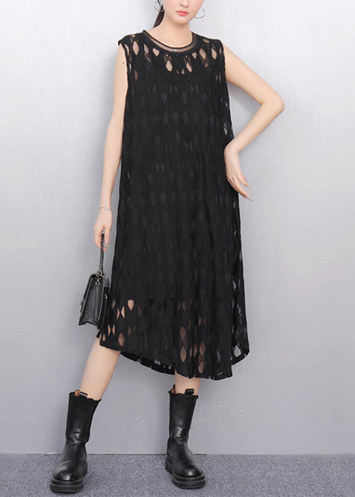 Black O Neck Hollow Out Tulle Long Dresses Sleeveless