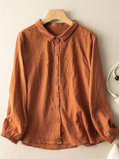 Embroidered Long Sleeve Linen Shirt Top