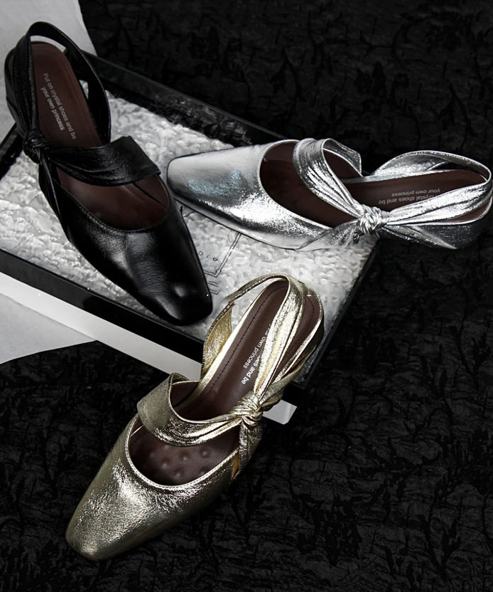 Bow Splicing Chunky Sandals Silver Sheepskin