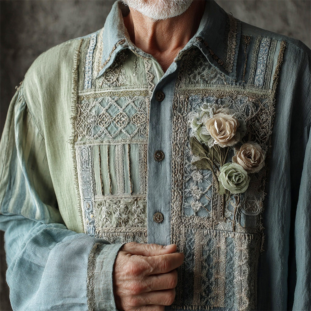 Boho Vintage Lace Floral Patchwork Art Men's Linen Long Sleeve Shirt elevenforest