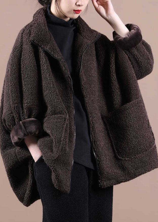 Coffee Warm Teddy Faux Fur Loose Coats Zip Up Batwing Sleeve